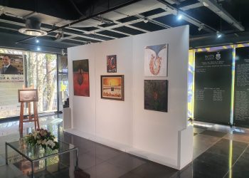 exhibition display framed art display dark ceiling venue